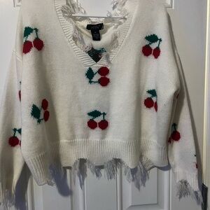 Just Polly White and Red V-Neck Sweater with Cherry Design